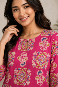 Women Pink Cotton Kurti with Mandala Ajrakh Block Print - Detail View