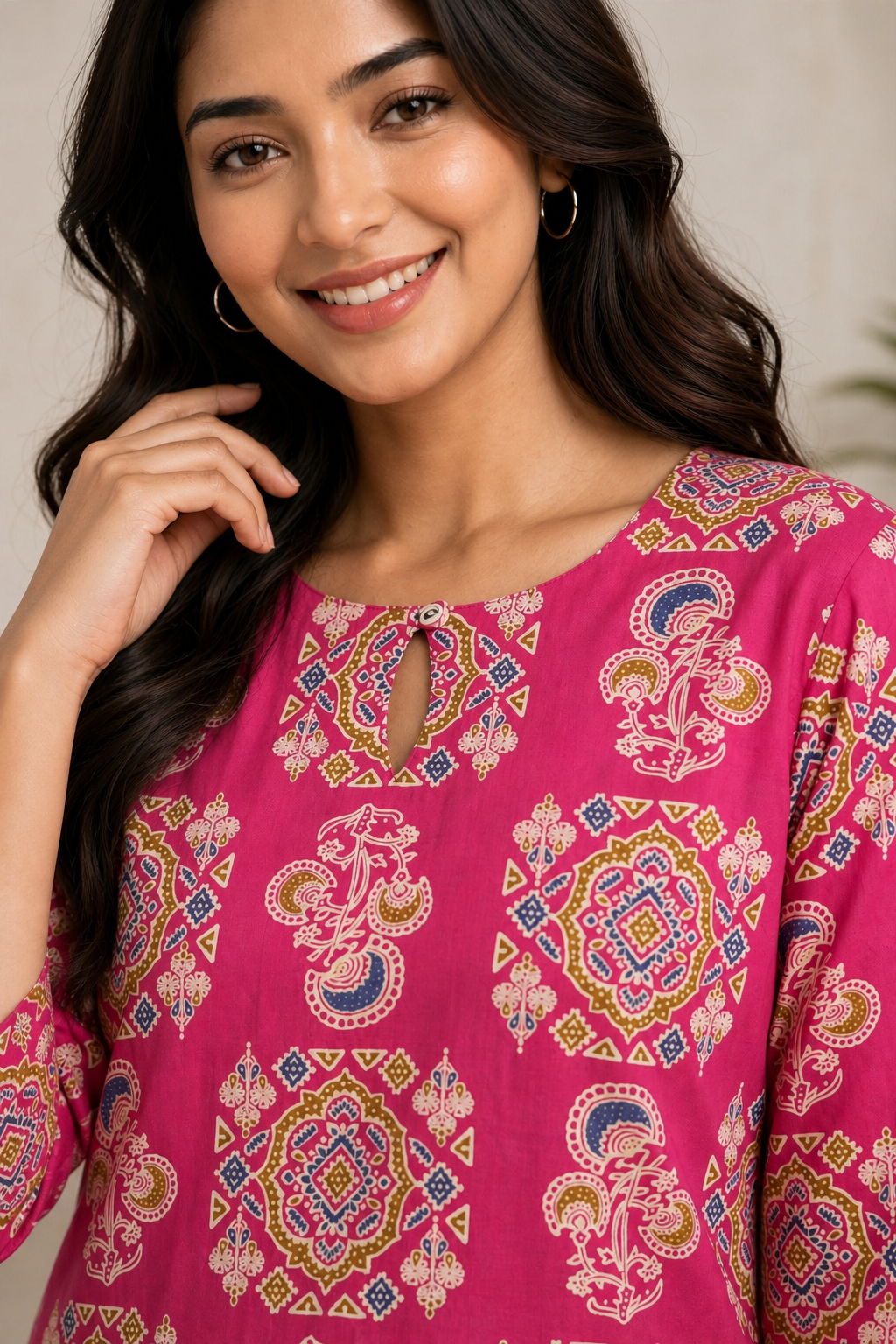 Women Pink Cotton Kurti with Mandala Ajrakh Block Print - Detail View