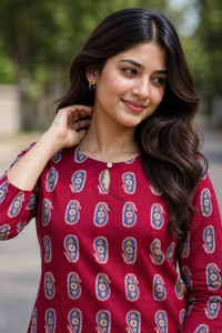 Women Maroon Cotton Kurti with Blue Paisley Print - Neck Detail