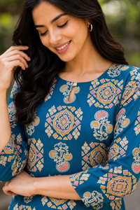 Women Teal Blue Cotton Kurti with Mandala Ajrakh Block Print ATL101