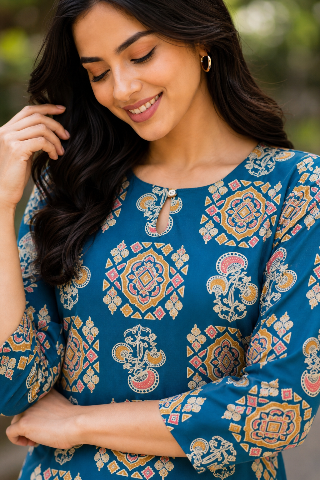 Women Teal Blue Cotton Kurti with Mandala Ajrakh Block Print ATL101