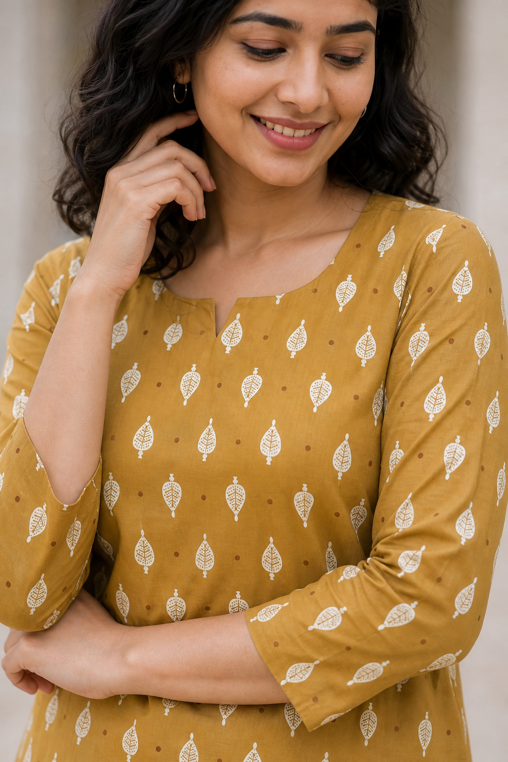 Women Mustard Yellow Cotton Kurti - Neck Detail