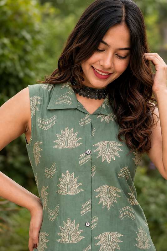 Women Sage Green Lotus Printed Sleeveless Kurta & Plazo Coord Set SHALINI-283
