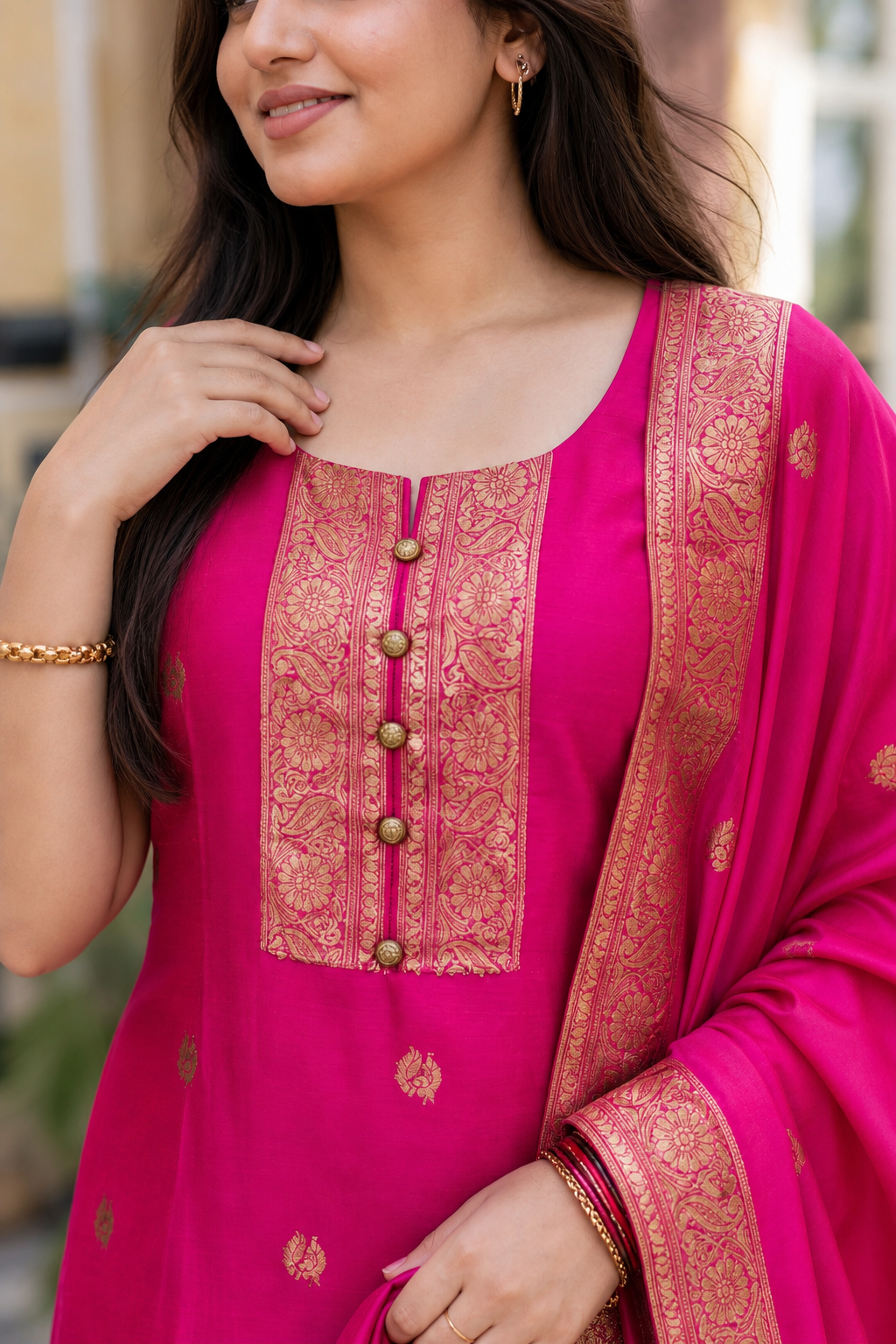 Women Rani Banarasi Silk Sleeveless Paithani Suit | Peacock Zari Work Straight Kurta Pant Dupatta Set ATL1001