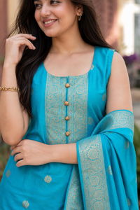 Women Mint Green Banarasi Silk Sleeveless Paithani Suit | Peacock Zari Work Straight Kurta Pant Dupatta Set ATL1001