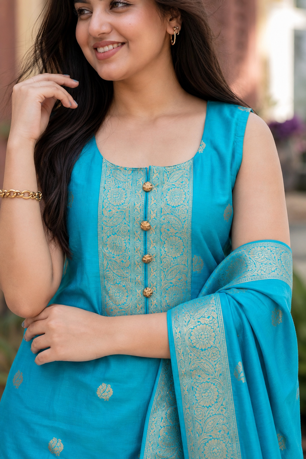 Women Mint Green Banarasi Silk Sleeveless Paithani Suit | Peacock Zari Work Straight Kurta Pant Dupatta Set ATL1001