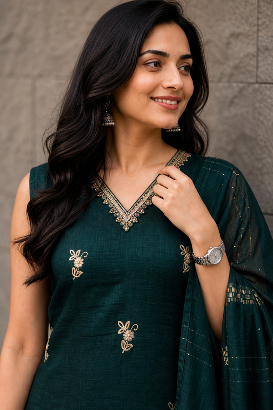 Women Olive Embroidered V-Neck Kurti & Pant Dupatta Set 151-314