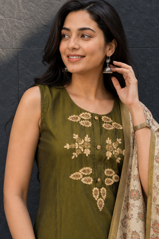 Women Mehandi Roman Silk Sleeveless Kurta Set with Two Side Embroidery & Printed Dupatta 151-314