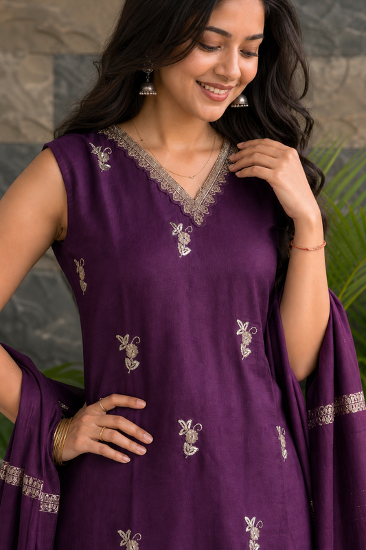Women Wine Embroidered V-Neck Kurti & Pant Dupatta Set 151-314