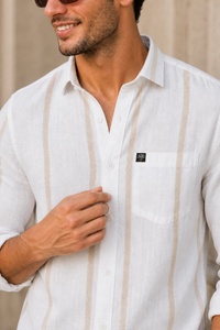 Men White & Fawn Bold Vertical Striped Linen Shirt - Full Sleeve SUGA-525