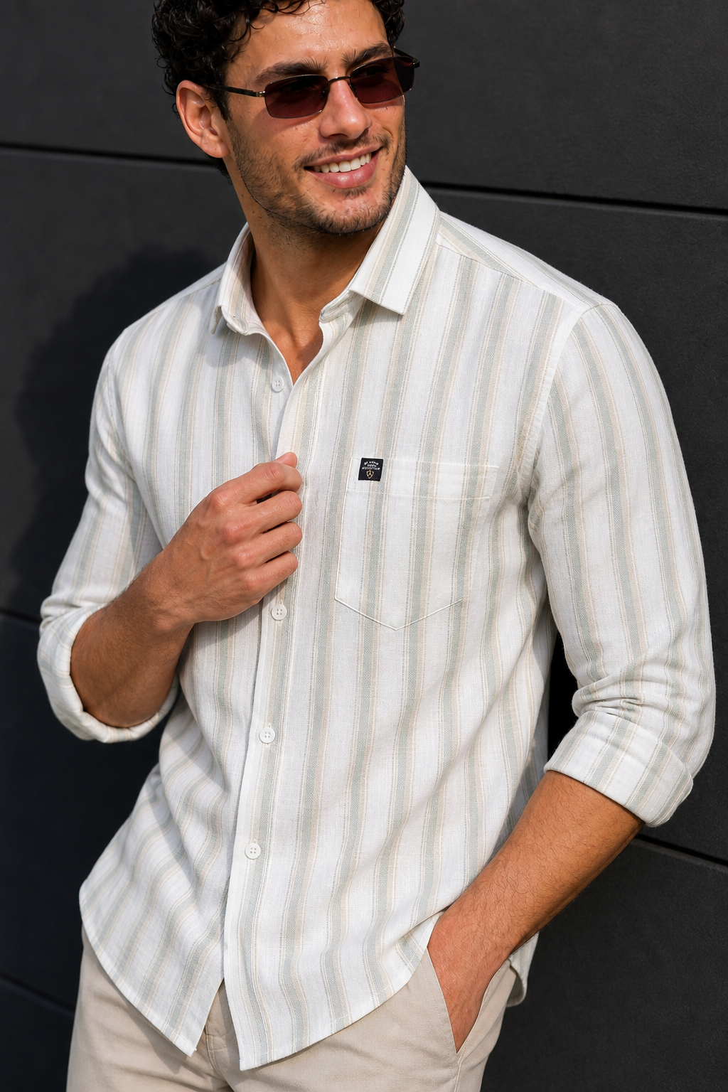 Men Beige & Pista White Bold Striped Linen Cotton Shirt Long Sleeve Office & Casual Wear SUGA-525