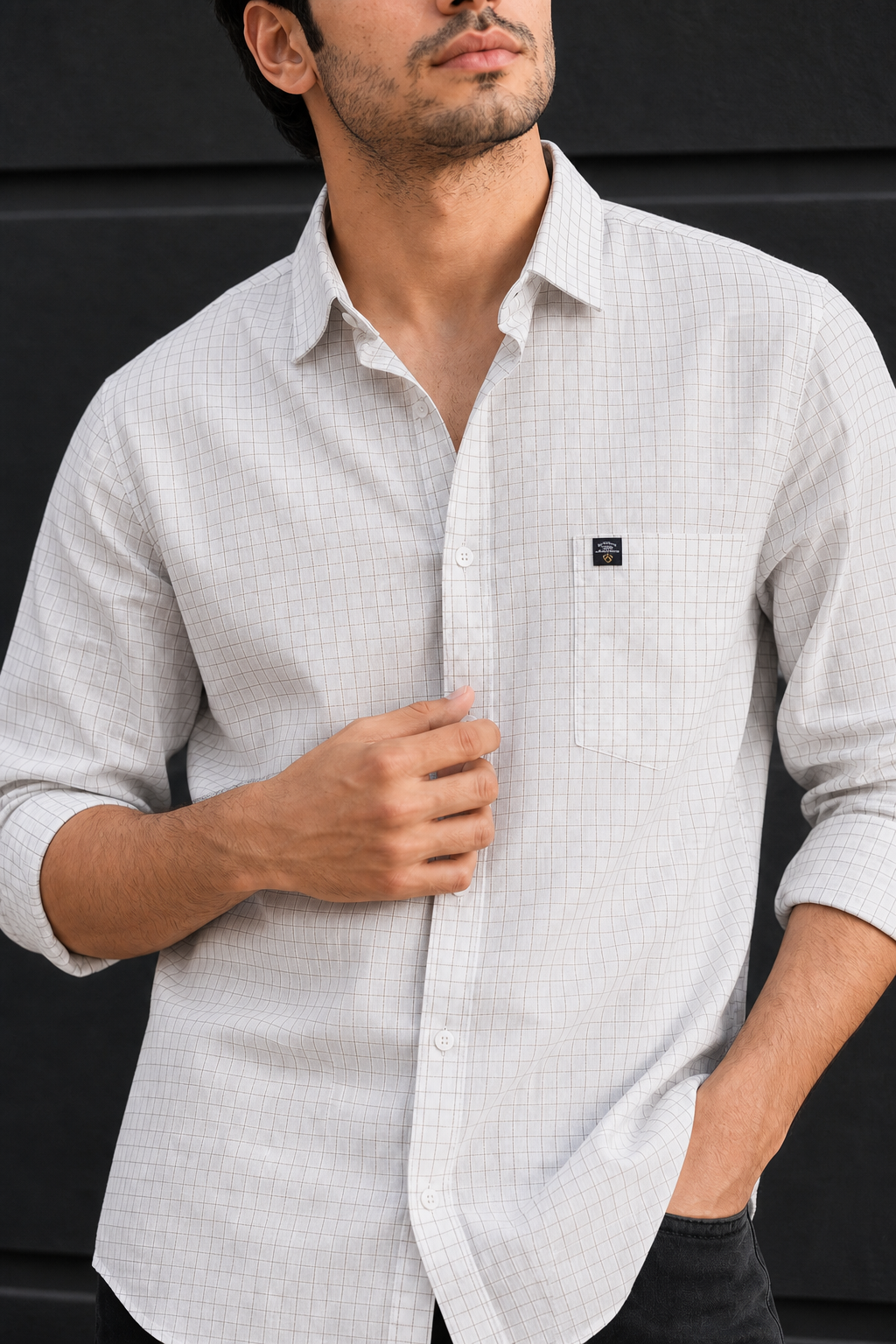 Men White & Fawn Checks Linen Cotton Shirt- Long Sleeve Office & Casual Wear SUGA-525