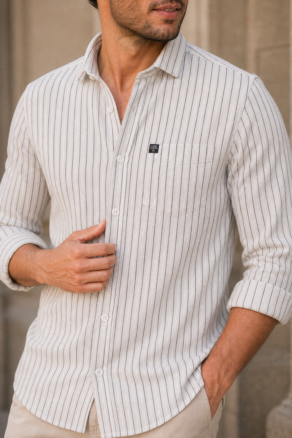 Men Cream & Black Striped Shirt - Full Sleeve SUGA-525