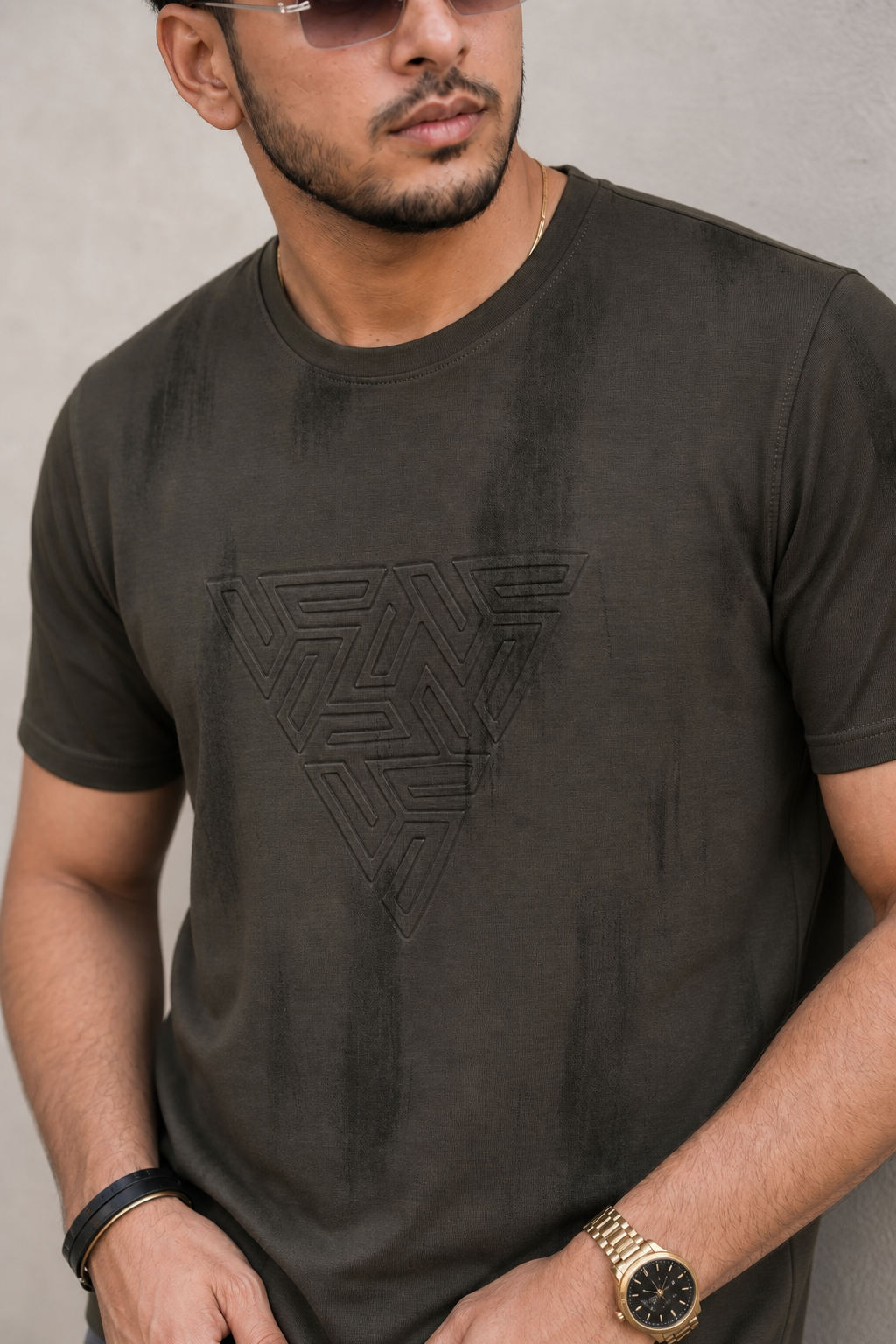Men Green Embossed Geometric Printed Round Neck T-Shirt ATL80207