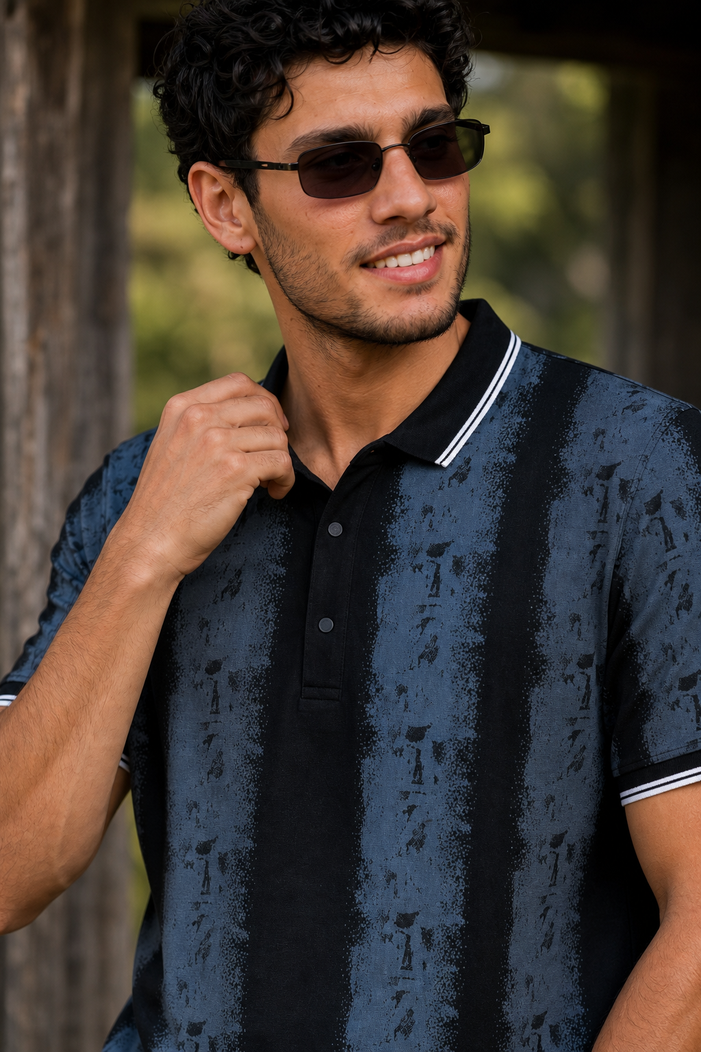 Men Black & Blue Printed Tipped Collar Polo T-Shirt With Snap Buttons ATL86624