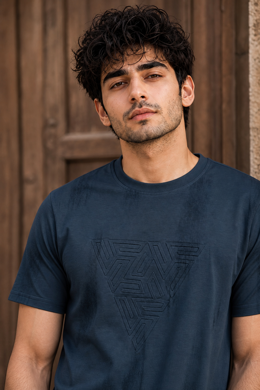 Men Blue Embossed Geometric Printed Round Neck T-Shirt ATL80207