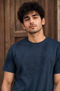 Men Blue Embossed Geometric Printed Round Neck T-Shirt ATL80207