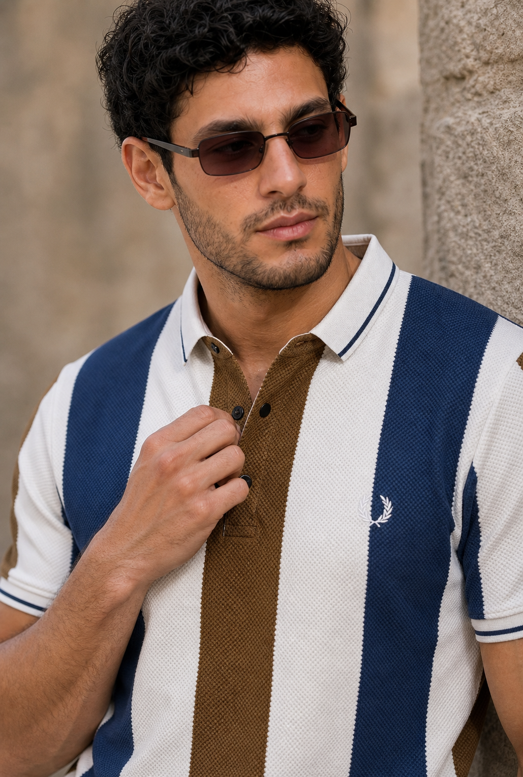 Men Blue, White & Coffee Striped Snap Button Polo T-Shirt ATL9235