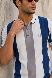 Men Blue, White & Grey Striped Snap Button Polo T-Shirt ATL9235