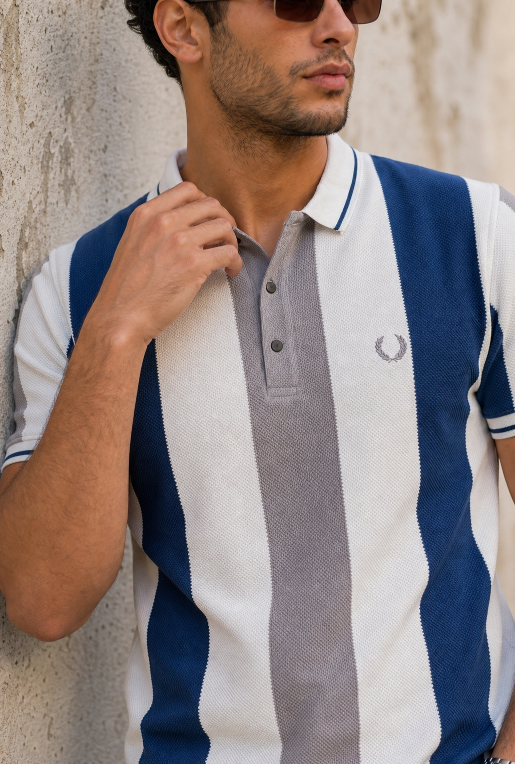 Men Blue, White & Grey Striped Snap Button Polo T-Shirt ATL9235