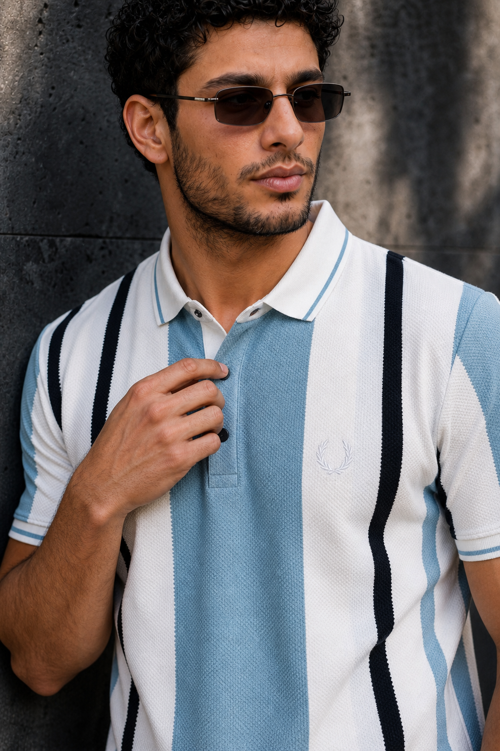 Men Blue & Black Striped Snap Button Polo T-Shirt ATL9244