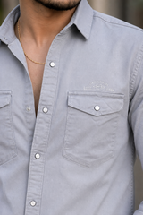 Men Grey Double Pocket Casual Shirt | Snap Button Denim Shirt