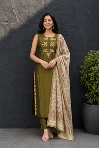Women Mehandi Roman Silk Sleeveless Kurta Set with Two Side Embroidery & Printed Dupatta 151-314