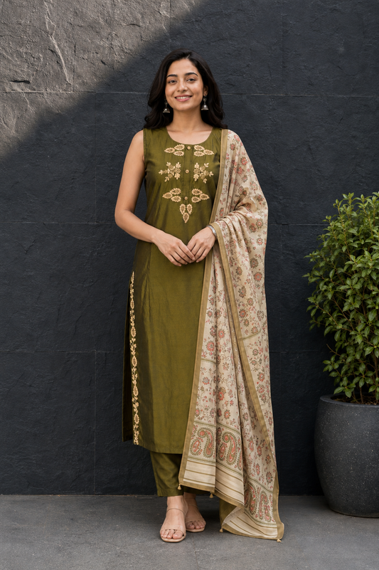 Women Mehandi Roman Silk Sleeveless Kurta Set with Two Side Embroidery & Printed Dupatta 151-314