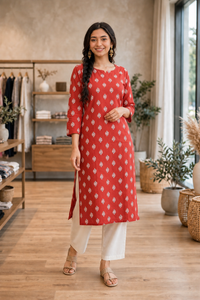 Women Rust Cotton Kurti - Stylish Pose
