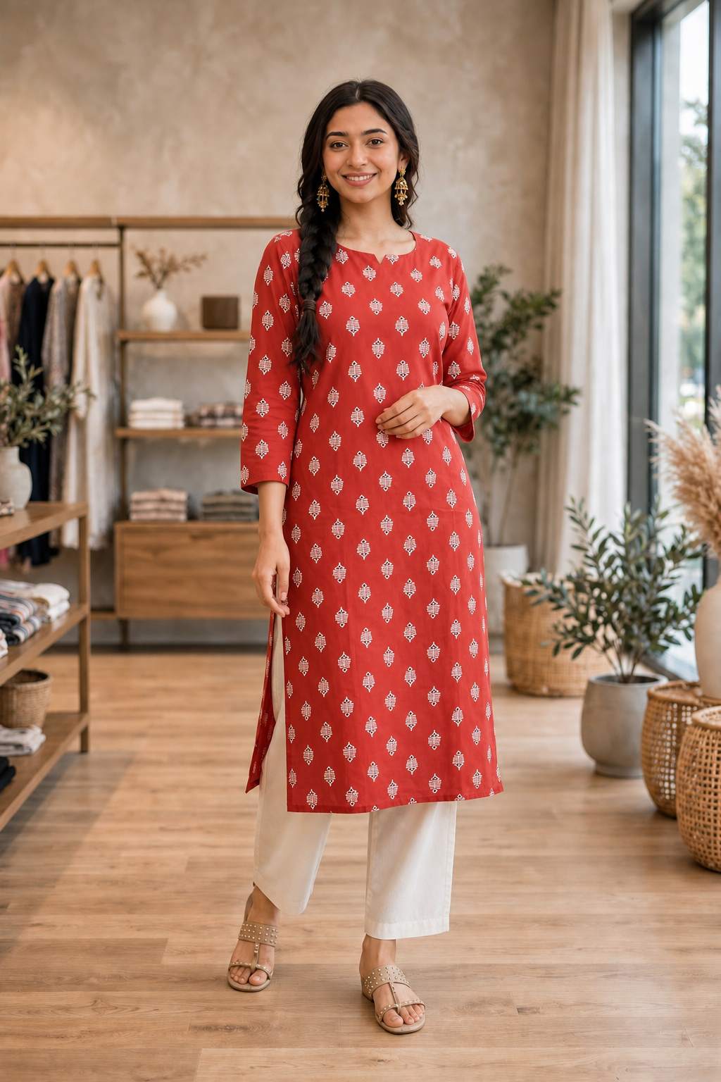 Women Rust Cotton Kurti - Stylish Pose