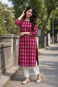 Women Maroon Cotton Kurti with Blue Paisley Print - Front View