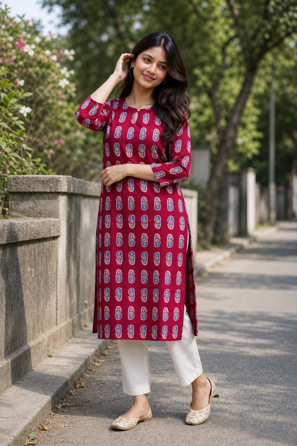 Women Maroon Cotton Kurti with Blue Paisley Print - Front View