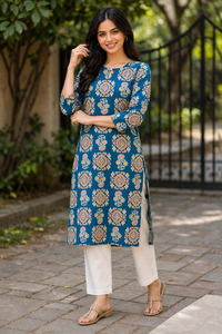 Women Teal Blue Cotton Kurti with Mandala Ajrakh Block Print ATL101