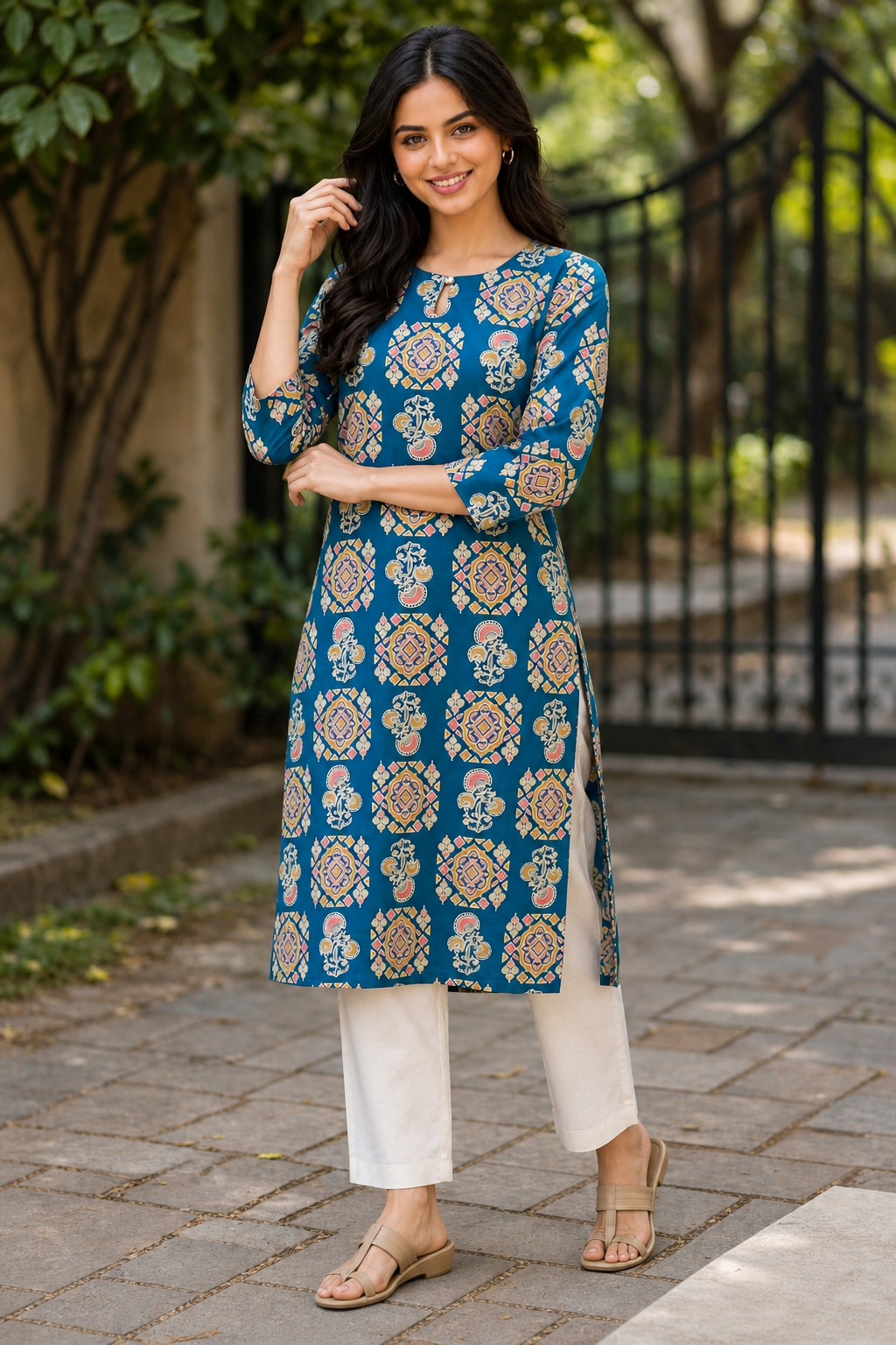 Women Teal Blue Cotton Kurti with Mandala Ajrakh Block Print ATL101