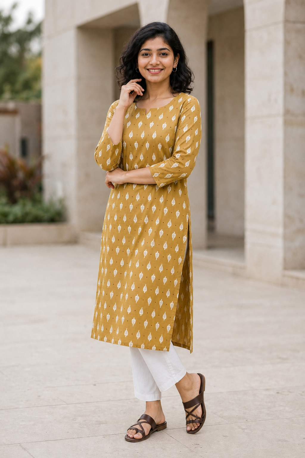 Women Mustard Yellow Cotton Kurti - Front View