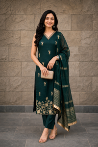 Women Olive Embroidered V-Neck Kurti & Pant Dupatta Set 151-314