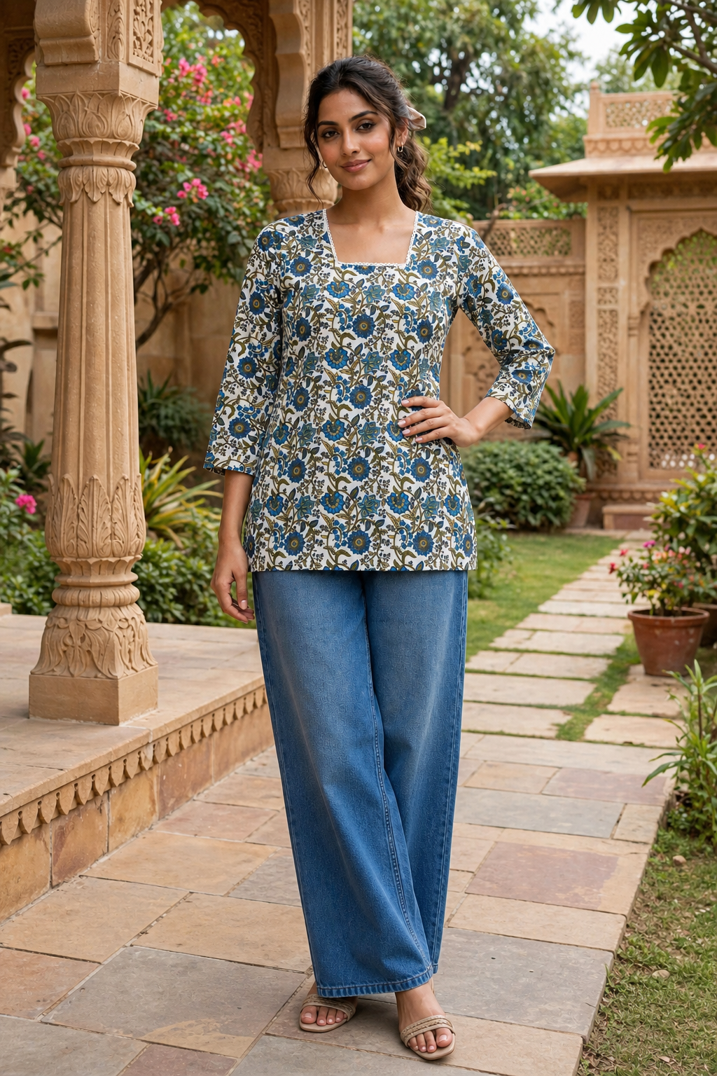 Women White Blue Floral Vine Print With Backlace Short Kurti 3561