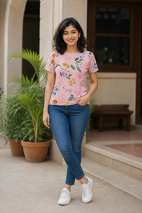 Women Peach Floral Print Round Neck T-Shirt M-7236-13