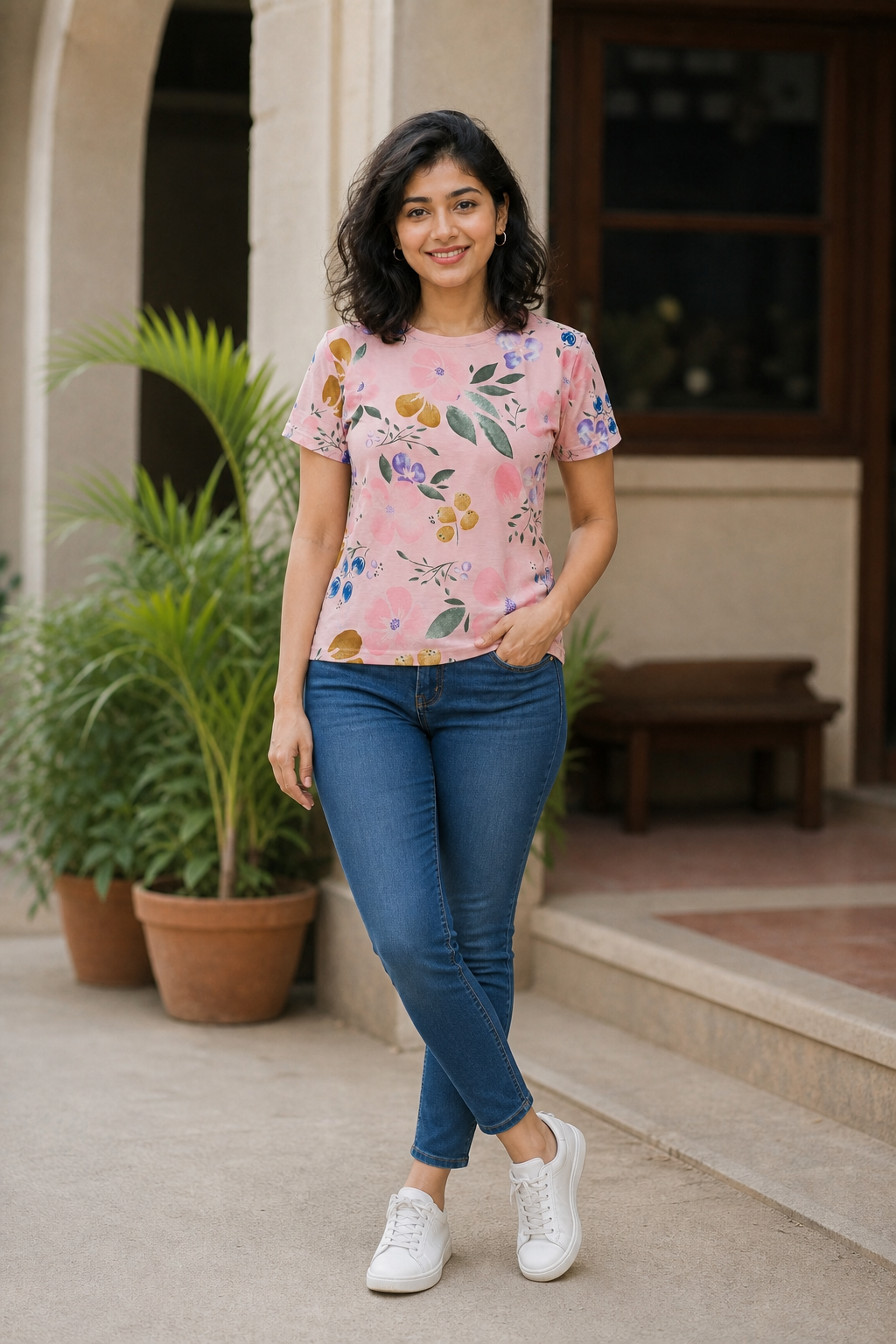 Women Peach Floral Print Round Neck T-Shirt M-7236-13