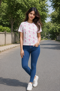 Women White and Pink Cherry Blossom Print T-Shirt Short Sleeves M-7266-23