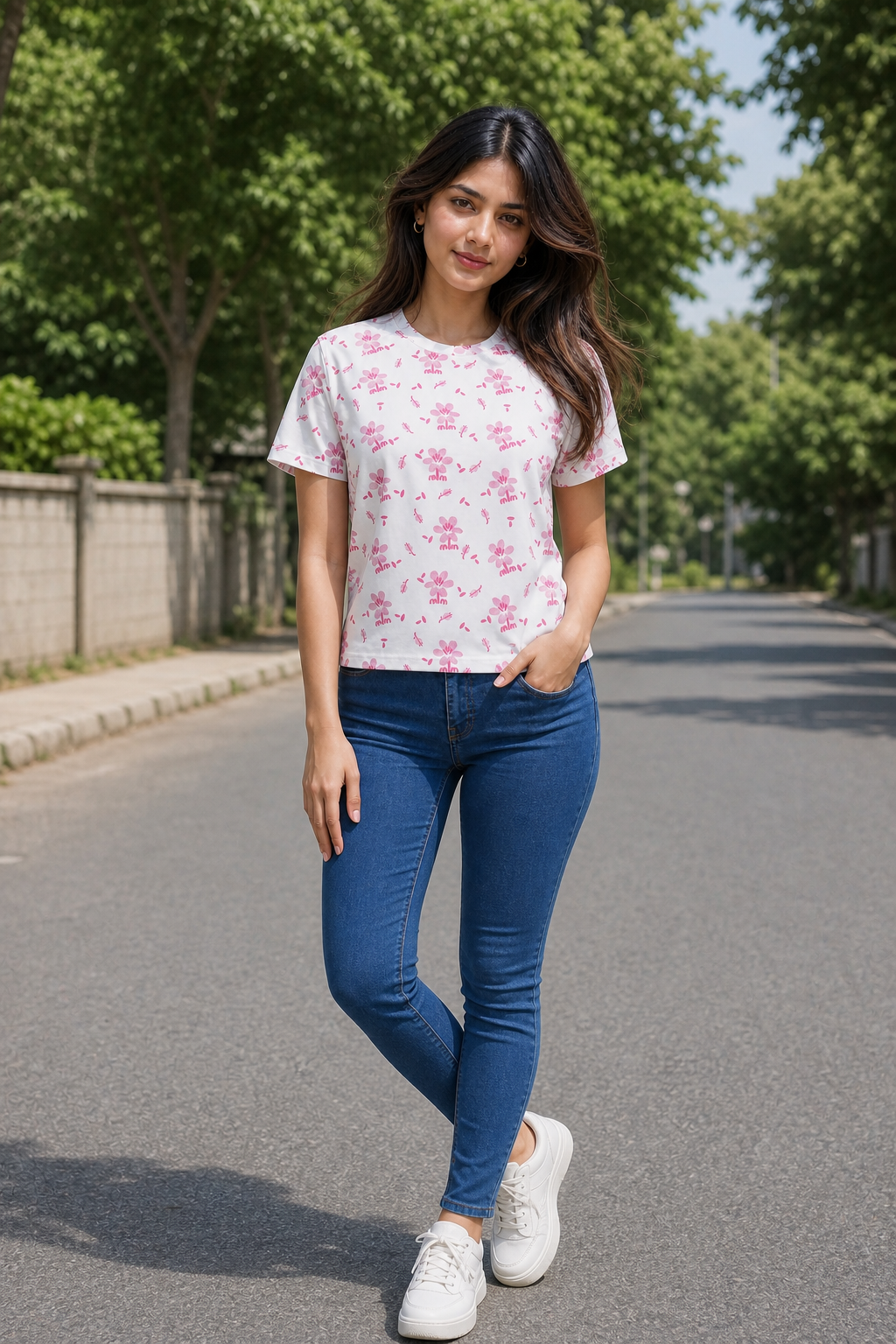 Women White and Pink Cherry Blossom Print T-Shirt Short Sleeves M-7266-23