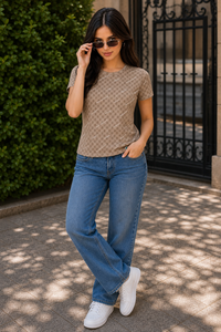 Women Brown Printed Short Sleeve T-Shirt | Soft & Trendy M-7274-2