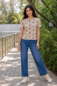 Women Fawn and Brown Cherry Blossom Print T-Shirt Short Sleeves M-7266-23