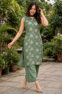 Women Sage Green Lotus Printed Sleeveless Kurta & Plazo Coord Set SHALINI-283