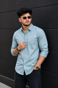 Men Aqua Green Plain Full Sleeve Casual Shirt ZDOBBY