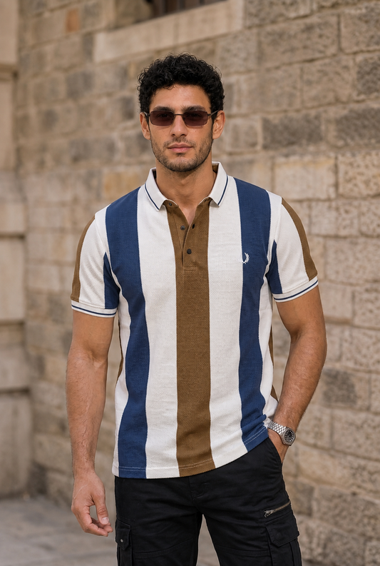 Men Blue, White & Coffee Striped Snap Button Polo T-Shirt ATL9235
