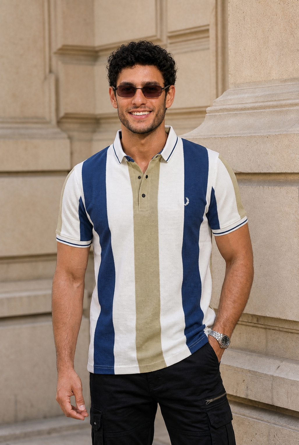 Men Blue, White & Pista Striped Snap Button Polo T-Shirt ATL9235