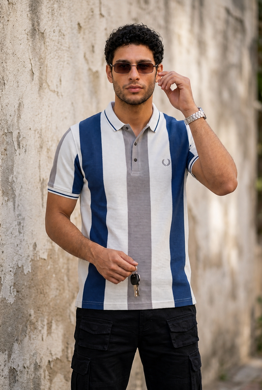 Men Blue, White & Grey Striped Snap Button Polo T-Shirt ATL9235