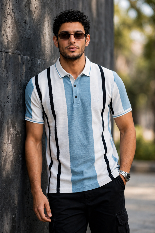 Men Blue & Black Striped Snap Button Polo T-Shirt ATL9244