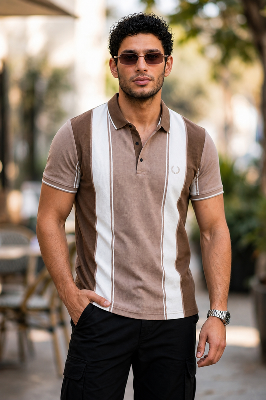 Men Brown & White Striped Polo T-Shirt with Snap Buttons ATL9239